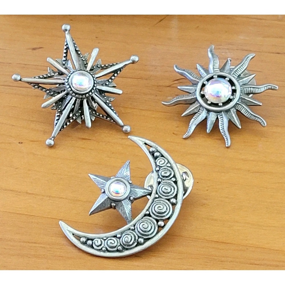 Vintage JJ Pewter Sun Moon Star Brooch Pin Lot 3pc Celestial Whimsigoth